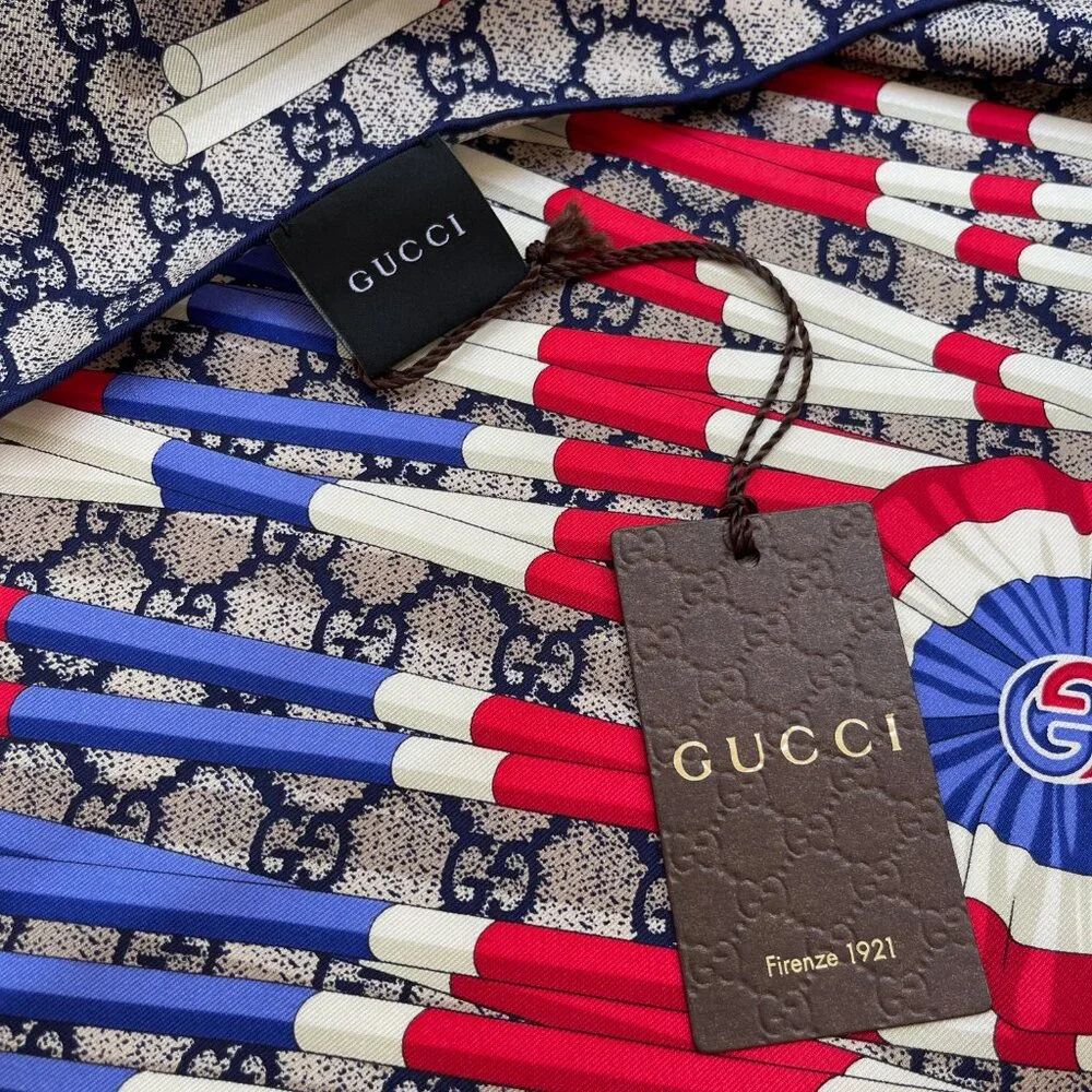 New Gucci Scarf Logo GG Print Club WEB Blue Silk Wrap